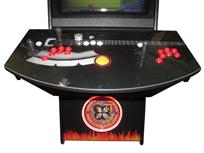 689 2-player, red buttons, yellow trackball, black trim, spinner, kiss, flames and guiitar