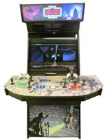 1043 4-player, green buttons, blue buttons, purple buttons, red buttons, white trackball, black trim, tron joystick, spinner, arcade strikes back, star wars