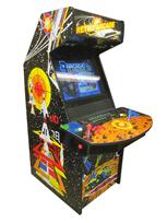 628 2-player, blue buttons, red buttons, yellow trackball, black trim, retro arcade