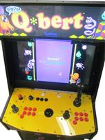 1067 2-player, red buttons, black buttons, black trackball, black trim, tron joystick, spinner, classic arcade, q bert black