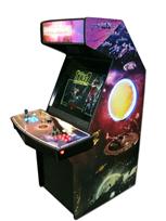 173 2-player, starcade, lighted, blue buttons, red buttons, orange trackball, black, space, led lights, spinner