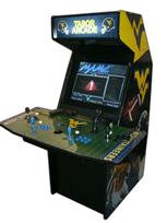 111 4-player, tabor arcade, sports, football, mountaineers, black buttons, blue buttons, black trackball, tron joystick, spinner
