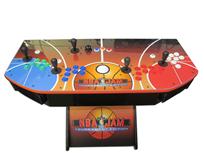 756 4-player, green buttons, blue buttons, red buttons, white buttons, white trackball, orange trim, black trim, spinner, nba jam, wood grain