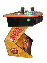 757 4-player, green buttons, blue buttons, red buttons, white buttons, white trackball, orange trim, black trim, spinner, nba jams, wood grain