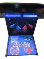 764 4-player, green buttons, blue buttons, red buttons, white buttons, lighted, white trackball, black trim, tron joystick, spinner, the collins arcade