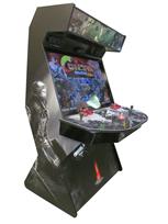 707 4-player, black buttons, red trackball, black trim, grey trim, person in armor with a shield