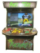 1136 4-player, yellow buttons, green buttons, purple buttons, red buttons, yellow trackball, silver trim, pack attack, wisconsin packers