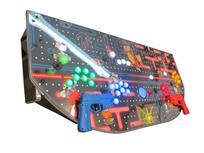 683 4-player, yellow buttons, green buttons, blue buttons, red buttons, lighted, blue trackball, black trim, silver trim, classic arcades 